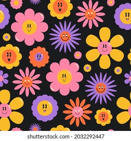 Seamless pattern with cartoon flowers. Colorful endless wallpaper, background. Fabric print. Retro psychedelic, cute, funny characters.