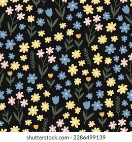 seamless pattern with cartoon flowers. colorful vector, hand drawing. design for fabric, print, textile, wrapper
