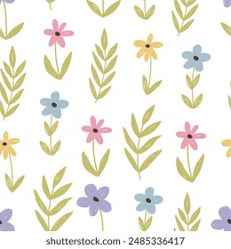 patrón sin costuras con flores de dibujos animados. Vector colorido, dibujo a mano. diseño para tela, impresión, textil, envoltura	