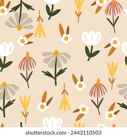 Seamless pattern with cartoon flowers, cute print. Vector illustration.
