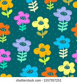 Seamless pattern with cartoon flowers, decor elements on a neutral background. flat vector. hand drawing. Design for gift wrapping, print, greeting card, baby decoration.