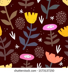 Seamless pattern with cartoon flowers, decor elements on a neutral background. flat vector pattern. floral ornament. hand drawing. design for fabric, textile, wrapper, print