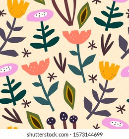 Seamless pattern with cartoon flowers, decor elements on a neutral background. flat vector pattern. floral ornament. hand drawing. design for fabric, textile, wrapper, print
