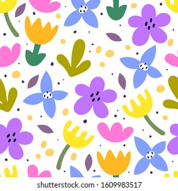 Seamless pattern with cartoon flowers, decor elements. colorful style vector. floral ornament. hand drawing. design for fabric, textile, wrapper, print