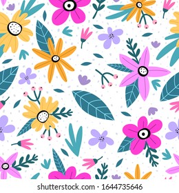 Seamless pattern with cartoon flowers, decor elements. colorful vector. hand drawing. ornament, flat style. design for fabric, print, textile, wrapper