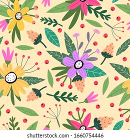 Seamless pattern with cartoon flowers, decor elements on a neutral background. colorful vector. hand drawing. ornament, flat style. design for fabric, print, textile, wrapper
