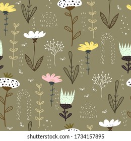 Nahtloses Muster mit Karikaturenblumen, neutrale Dekoration. farbiger Vektor. Handzeichnung. Ornament, flach. Stoff-, Druck-, Textil-, Wrapper-