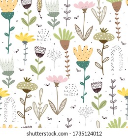 Nahtloses Muster mit Karikaturenblumen, Dekoration. farbiger Vektor, Handzeichnung. Ornament, flach. Stoff-, Druck-, Textil-, Wrapper-