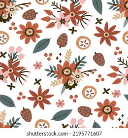 seamless pattern with cartoon flowers, decor elements. colorful vector, hand drawing. design for fabric, print, textile, wrapper