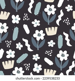 seamless pattern with cartoon flowers, decor elements. colorful vector, hand drawing. design for fabric, print, textile, wrapper