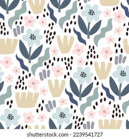 seamless pattern with cartoon flowers, decor elements. colorful vector, hand drawing. design for fabric, print, textile, wrapper