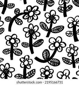 Seamless pattern with cartoon flowers. Hand-drawn bold brush style. Abstract black geometric flowers, stylized chamomiles with bold stem and decorative leaves. Botanical ornament in retro style.