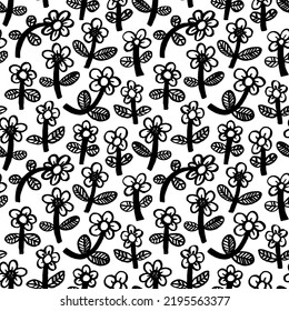 Nahtloses Muster mit Cartoon-Blumen. Handgezeichnete, mutige Pinselstile. Abstrakte, geometrische schwarze Blumen, stilvolle Kamillen mit feinem Stamm und dekorativen Blättern. Botanische Ornamente im Retro-Stil.