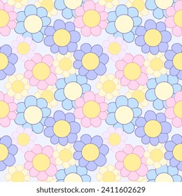 Seamless pattern with cartoon flowers for kid's wallpaper and textile design print kawaii pink yellow blue background 