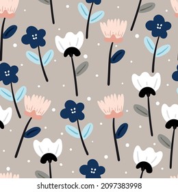 dibujos animados sin costura sobre flores y hojas. papel de pared de primavera para papel de envoltura de regalo, pañuelo, impresión de tela