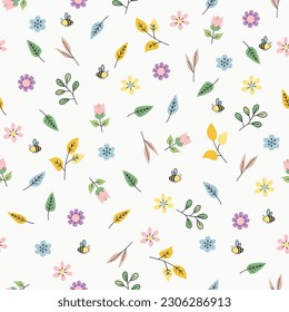 Seamless pattern of cartoon flowers, leaves and bees