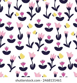 seamless pattern with cartoon flowers on white background