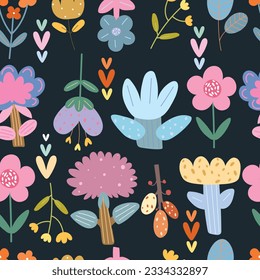 Seamless pattern with cartoon flowers in pastel colors on black backgound. Abstract plants. Vector illustration.