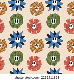 Seamless pattern with cartoon flowers in retro style, 70s, 90s. Vector illustration