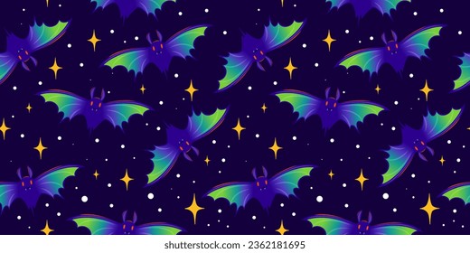 Seamless Pattern Cartoon flying Bats. Stars on dark blue background. Holographic gradient. Design templates for fashion, fabric, textile, wrapping paper, wallpaper.