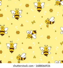 Seamless pattern with cartoon flying bees. Hand drawn bees on yellow background. Vector illustration.
