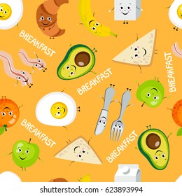 Seamless pattern of cartoon food: breakfast. Funny comic eggs and bacon,sandwich,croissant,fruits,milk, apple, orange, fork, spoon.Vector background