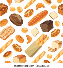 Seamless pattern with cartoon food: ciabatta, whole grain bread, bagel, french baguette, croissant and so. Vector illustration, isolated on white, eps 10.