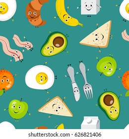 Seamless pattern of cartoon food. Funny comic eggs and bacon,sandwich,croissant,fruits,milk, apple, orange, fork, spoon.Vector background