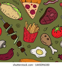seamless pattern with cartoon food on neutral background