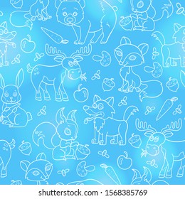 Seamless pattern with cartoon forest animals, white contoured  beasts on a blue  background