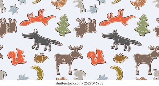 Seamless pattern of cartoon forest animals, vector background, wallpaper, paper, wrapping, textile, fabric