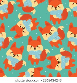 seamless pattern cartoon fox with blue scarf. cute animal wallpaper for textile, gift wrap paper