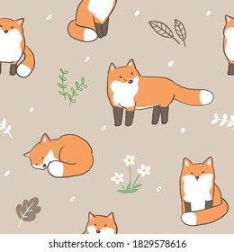 Seamless Pattern with Cartoon Fox Design on Light Brown Background