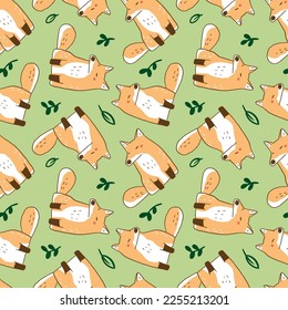 Seamless Pattern with Cartoon Fox Design on Green Background