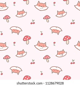 Seamless Pattern of Cartoon Fox Face, Mushroom and Cherry Illustration on Light Pink Background