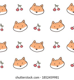 Seamless Pattern with Cartoon Fox Face and Cherry Design on White Background