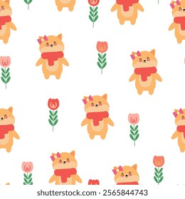 Seamless pattern cartoon fox and flower. cute plant wallpaper and animals background for gift wrap paper