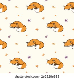 Seamless Pattern with Cartoon Fox and Flower Design on Light Yellow Background. Hand Drawn Vector Illustration. Not AI Generated.