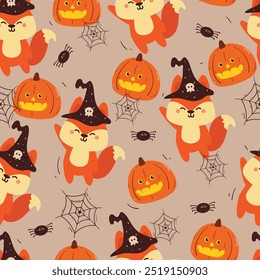 seamless pattern cartoon fox with halloween vibes. cute halloween wallpaper for fabric print, gift wrap paper