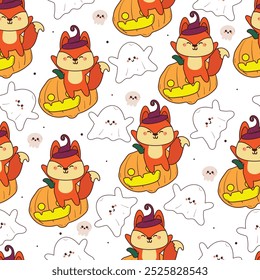 seamless pattern cartoon fox with halloween vibes. cute halloween wallpaper for fabric print, gift wrap paper