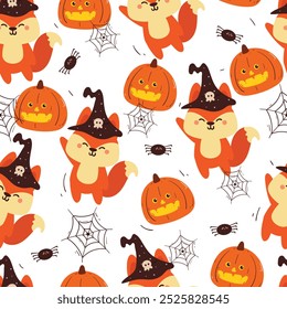 seamless pattern cartoon fox with halloween vibes. cute halloween wallpaper for fabric print, gift wrap paper