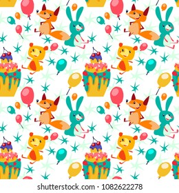 Seamless pattern Cartoon fox, hare, bear, cake, stars, balloons. Congratulation on holiday, birthday. Colorful hand drawn vector stock illustration.