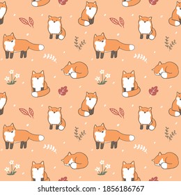 Seamless Pattern with Cartoon Fox Illustration Design on Orange Color Background