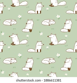 Seamless Pattern with Cartoon Fox Illustration Design on Green Background