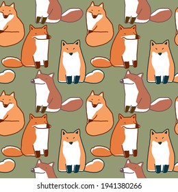 Seamless Pattern with Cartoon Fox Illustration on Green Background