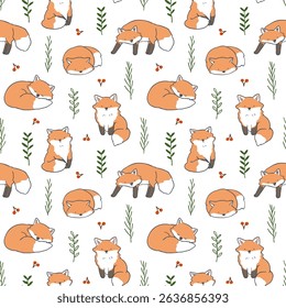 Seamless Pattern with Cartoon Fox and Leaf Design on White Background. Hand Drawn Vector Illustration. Not AI Generated.