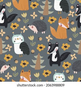 Seamless pattern with cartoon fox, owl, badger, hedgehog, tree, decor elements. Colorful vector flat for kids. hand drawing. baby design for fabric, print, wrapper, textile