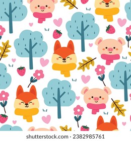 seamless pattern cartoon fox and pig with plant and flowers. cute illustration design. animal pattern for gift wrap paper