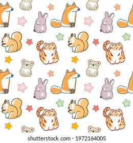 Seamless Pattern with Cartoon Fox, Rabbit, Koala, Squirrel, Tiger and Star Illustration Design on White Background