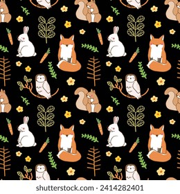 Seamless Pattern with Cartoon Fox, Rabbit, Squirrel, Owl, Leaf and Flower Deisgn on Black Background